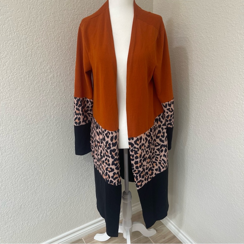 Leopard Print Open Front Cardigan Sweater - Orange and Black